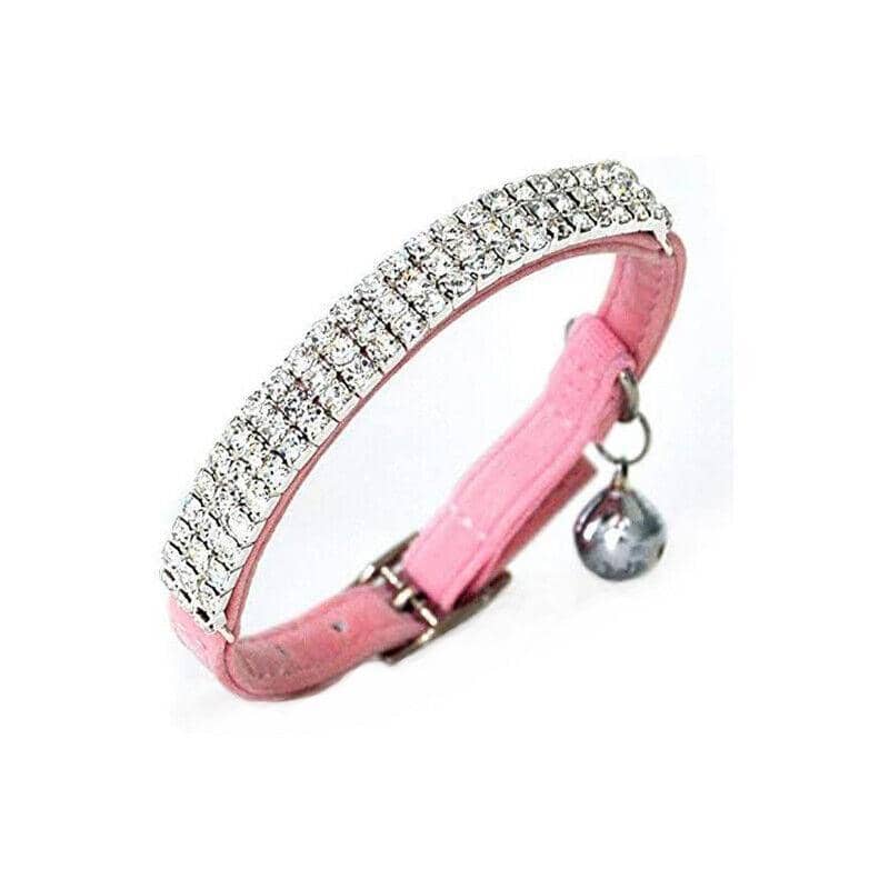 Suede Rhinestone Cat Collar with Bell, Adjustable - Pink