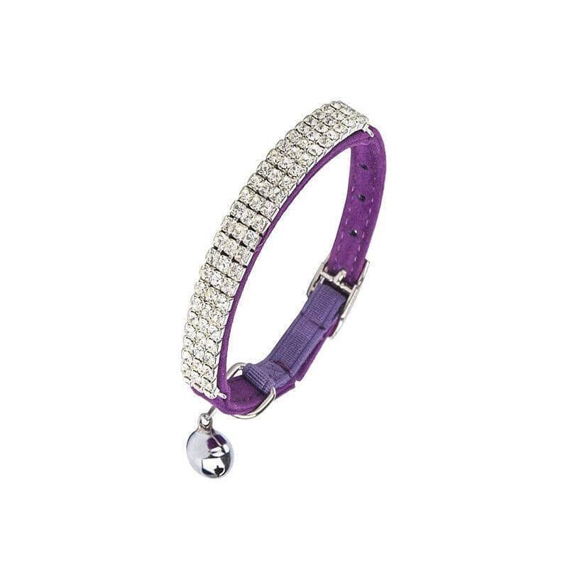 Suede Rhinestone Cat Collar with Bell, Adjustable - Purple