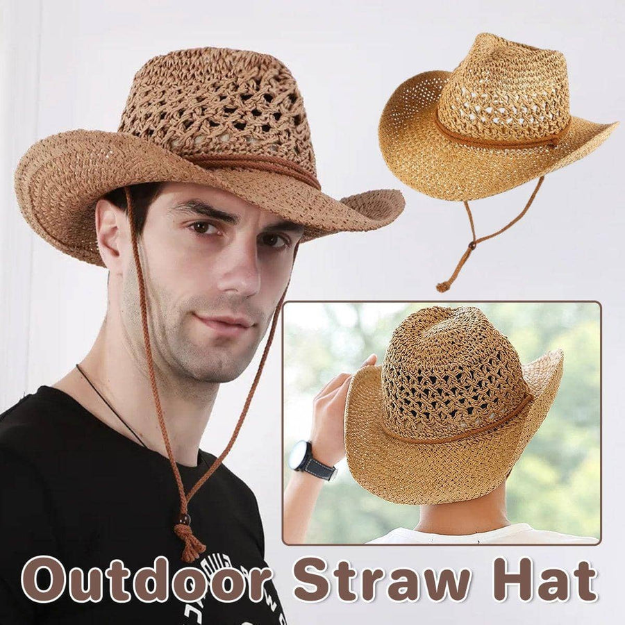 Summer Straw Beach Sun Hat, Western Style with UV Protection and Chin Strap