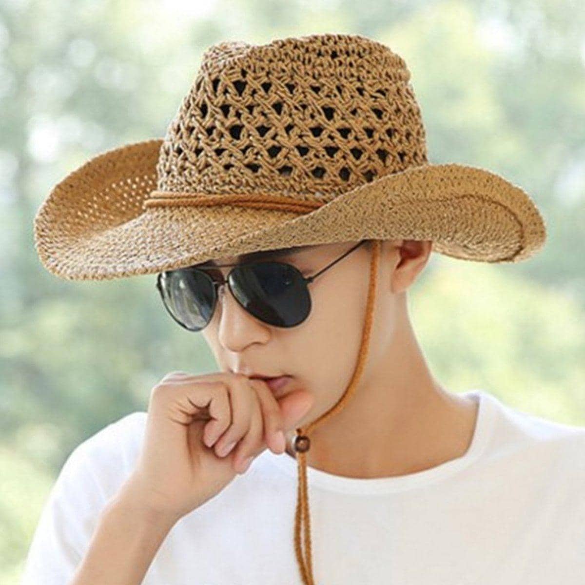 Summer Straw Beach Sun Hat, Western Style with UV Protection and Chin Strap - view 4