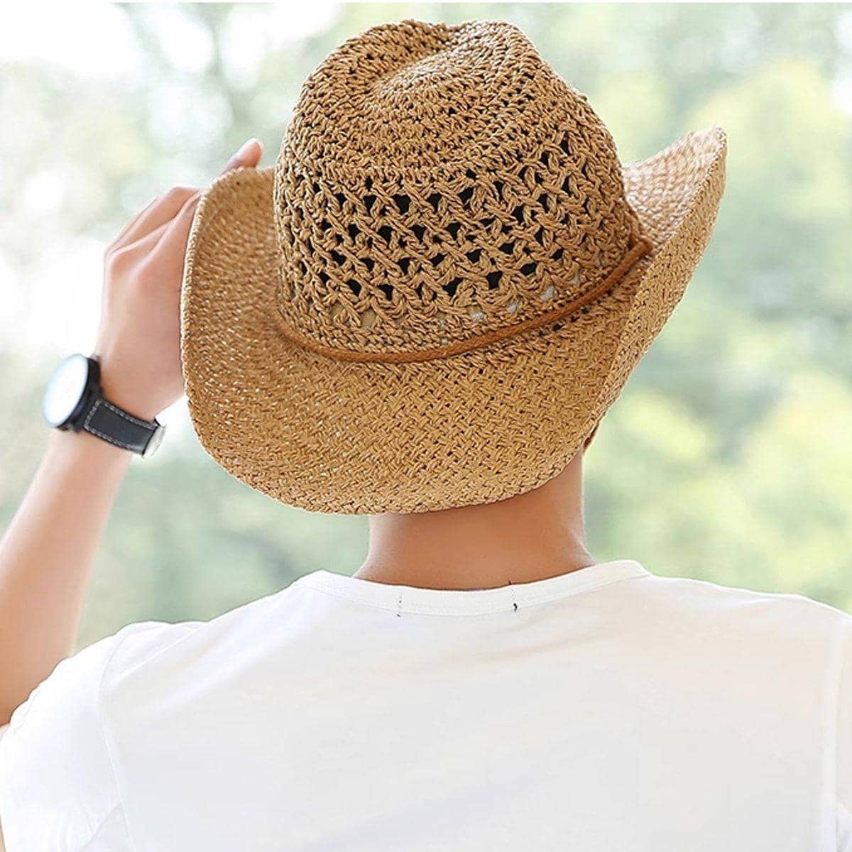 Summer Straw Beach Sun Hat, Western Style with UV Protection and Chin Strap - view 5