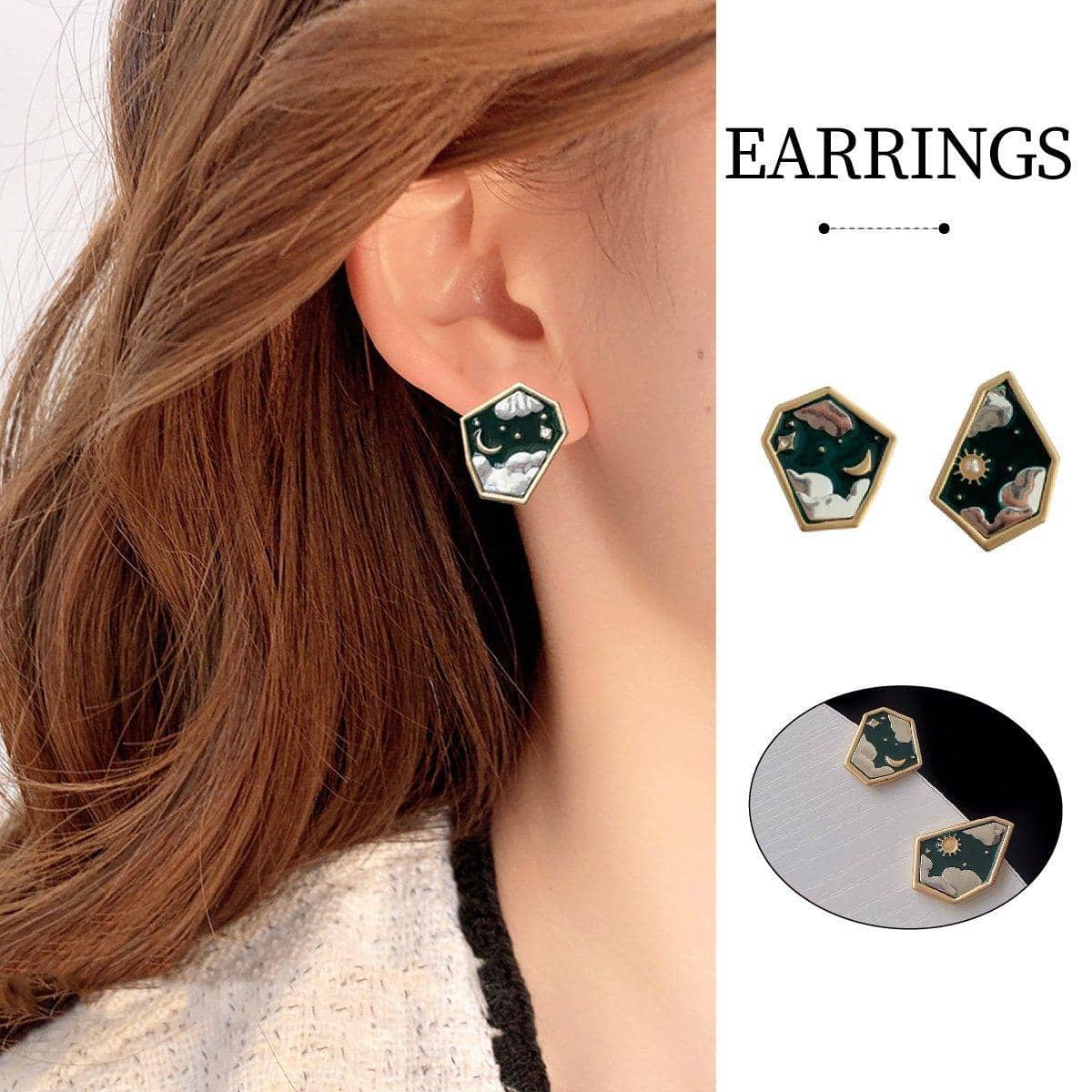 Sun Moon and Star Stud Earrings for Women, Dark Green and Gold