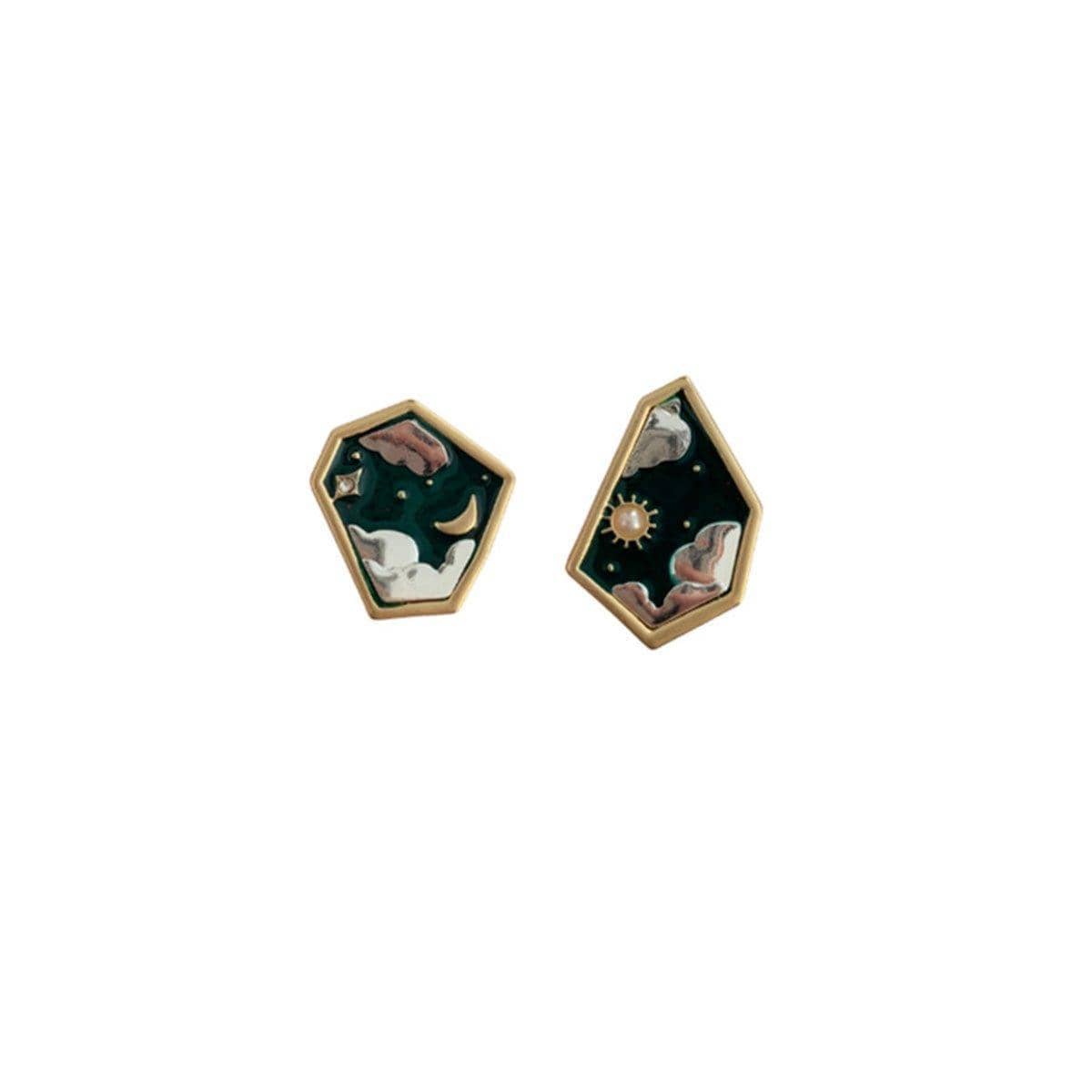 Sun Moon and Star Stud Earrings for Women, Dark Green and Gold - view 2