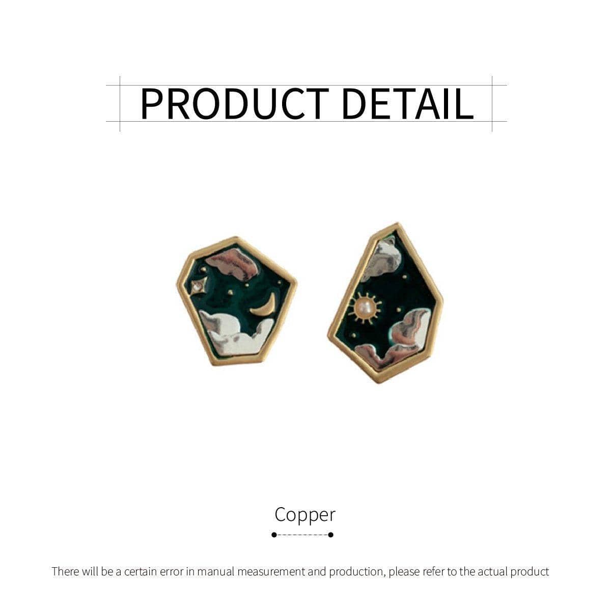 Sun Moon and Star Stud Earrings for Women, Dark Green and Gold - view 3