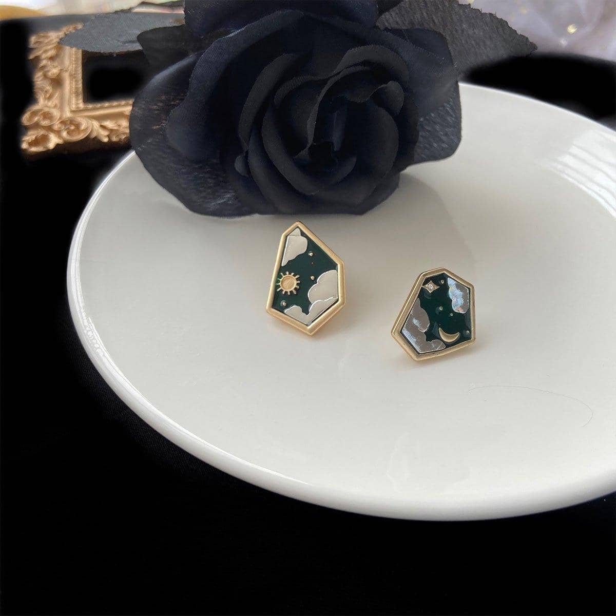 Sun Moon and Star Stud Earrings for Women, Dark Green and Gold - view 4