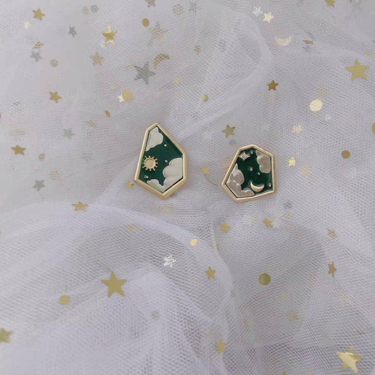Sun Moon and Star Stud Earrings for Women, Dark Green and Gold - view 5