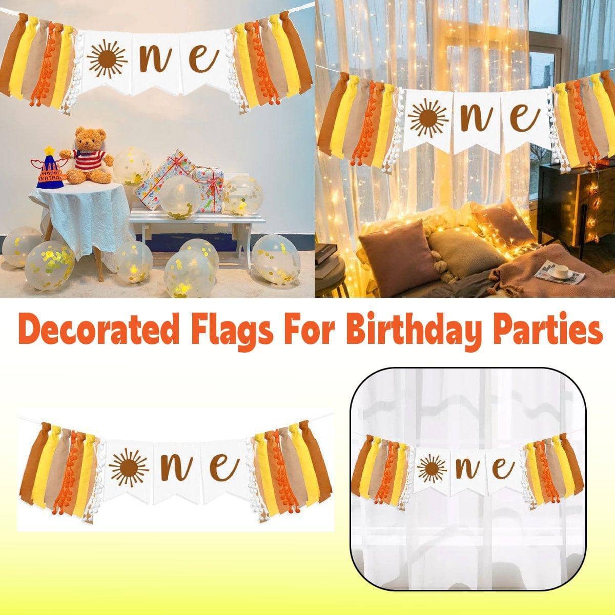 Sun Themed Fabric First Birthday High Chair Banner with One Lettering