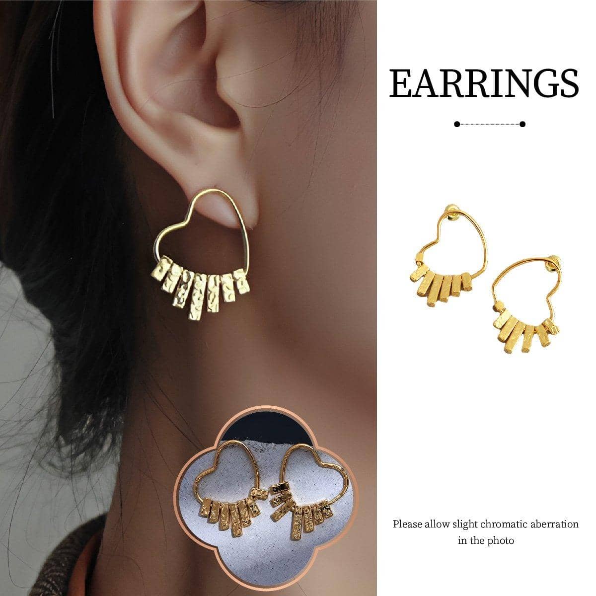 Swinging Textured Long Heart Earrings for Women, Gold Tone