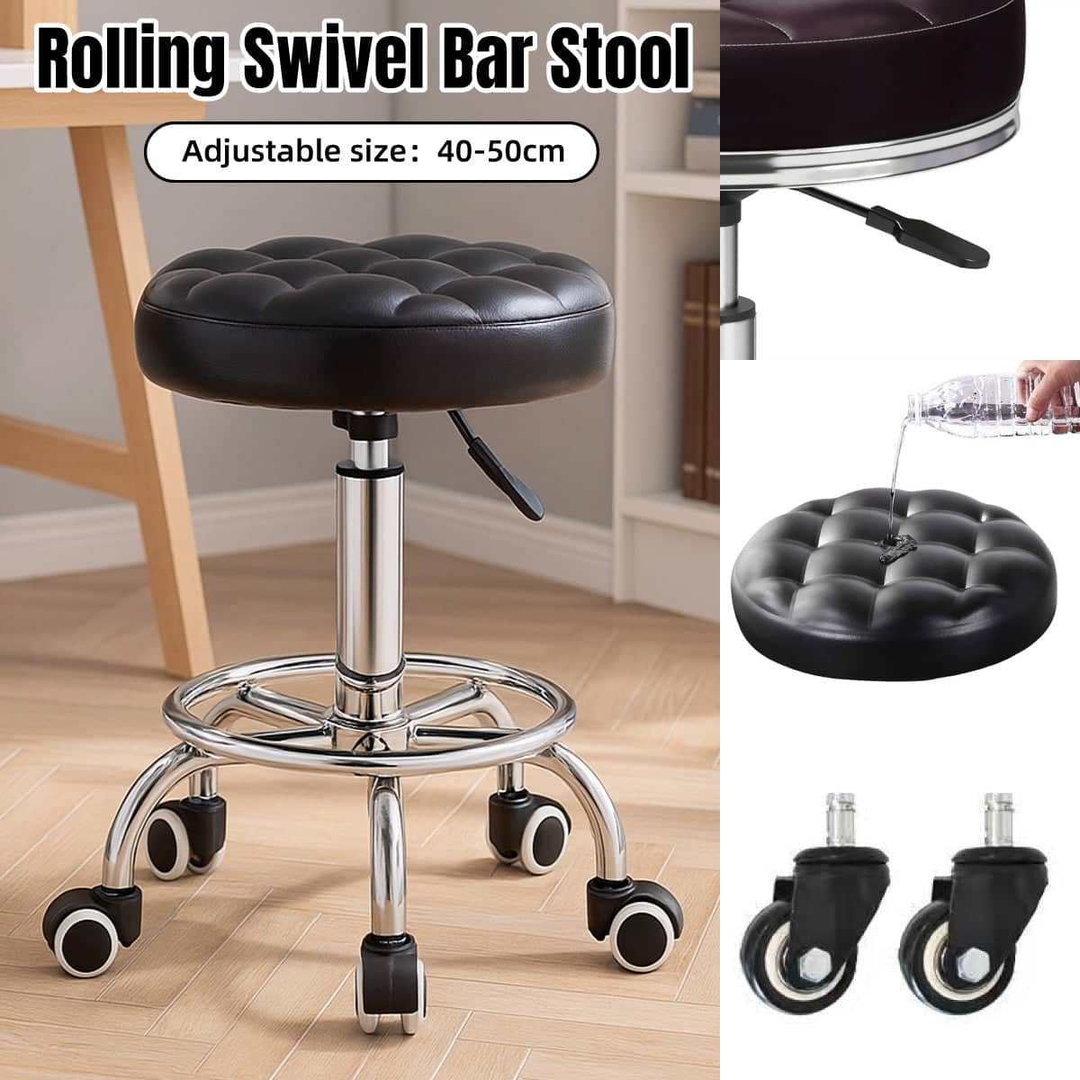 Swivel Height Adjustable Round Bar Stool with Padded Seat for Kitchen and Office