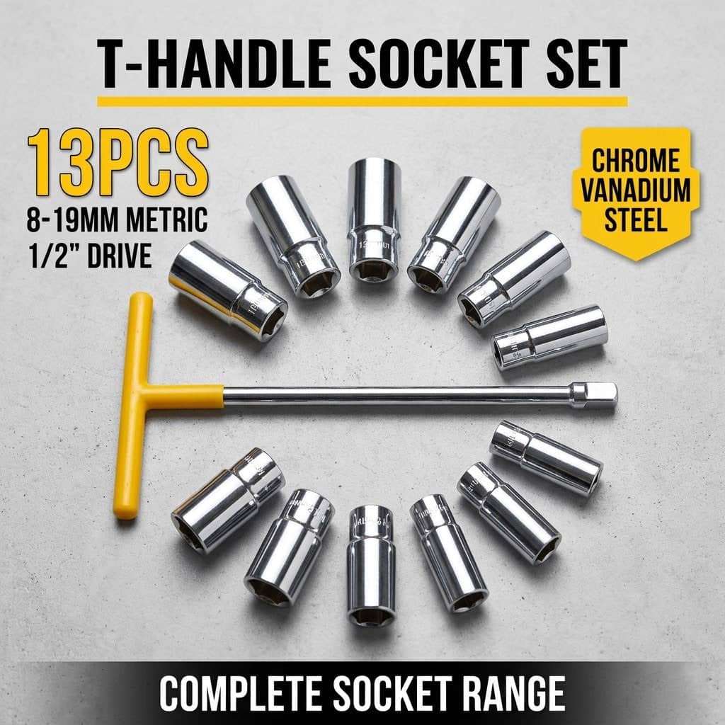 T Handle Socket Set, 13 Piece, 8 to 19 mm, Metric, 1/2 Drive