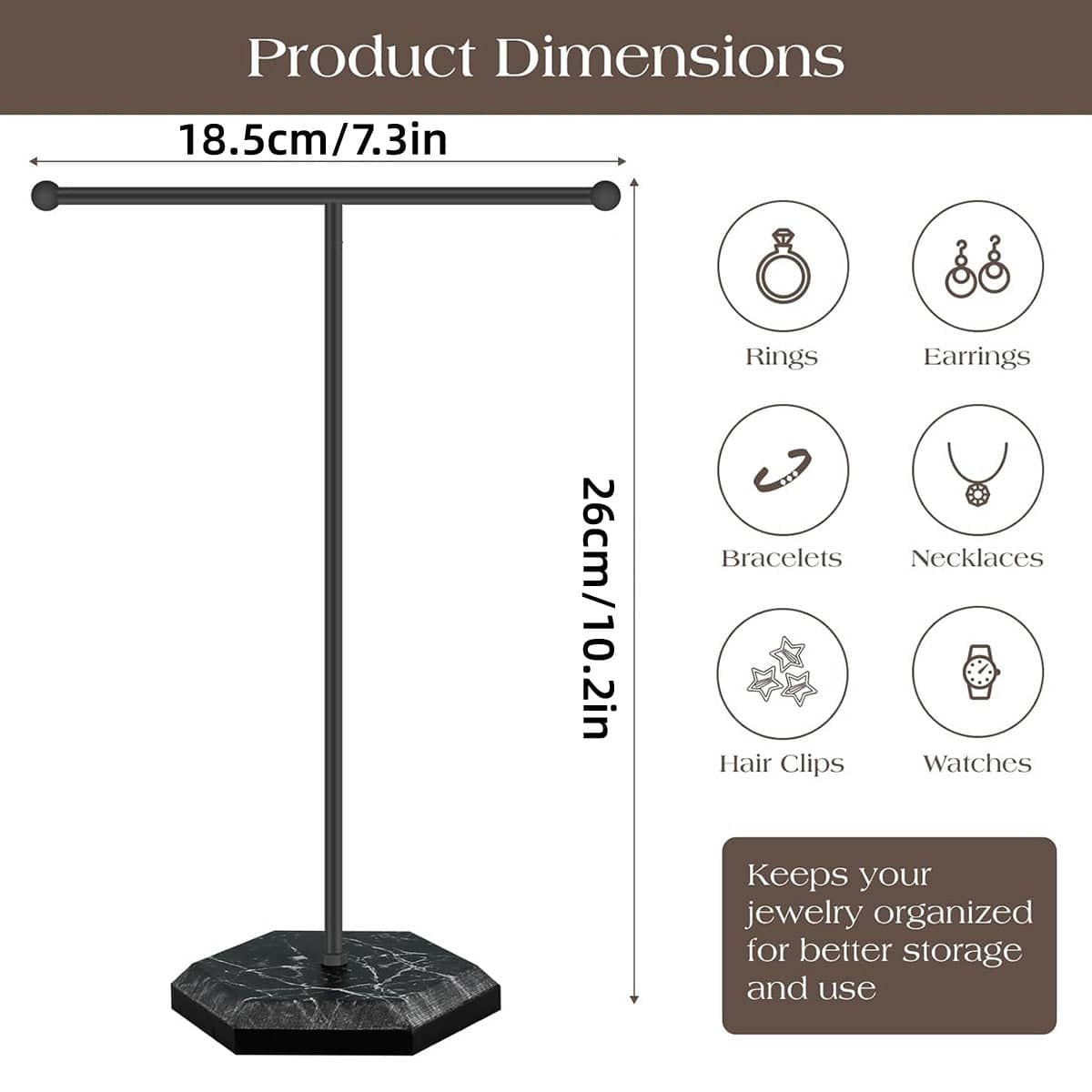 T-Shape Jewellery Display Stand for Earrings and Necklaces - White Base and Gold Frame - view 4