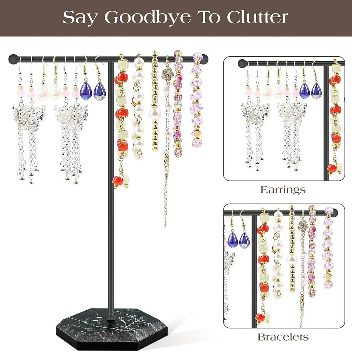 T-Shape Jewellery Display Stand for Earrings and Necklaces - White Base and Gold Frame - view 5