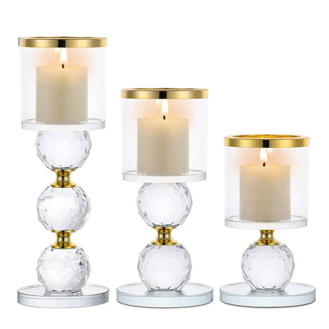 Tall Glass Candlestick Holder Set of 3 with Crystal Spheres - Gold