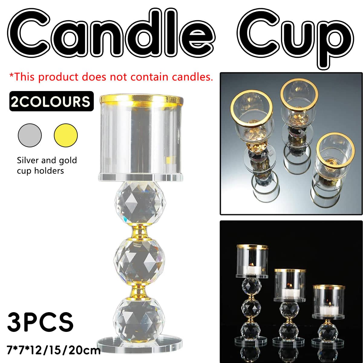 Tall Glass Candlestick Holder Set of 3 with Crystal Spheres - Gold - view 2