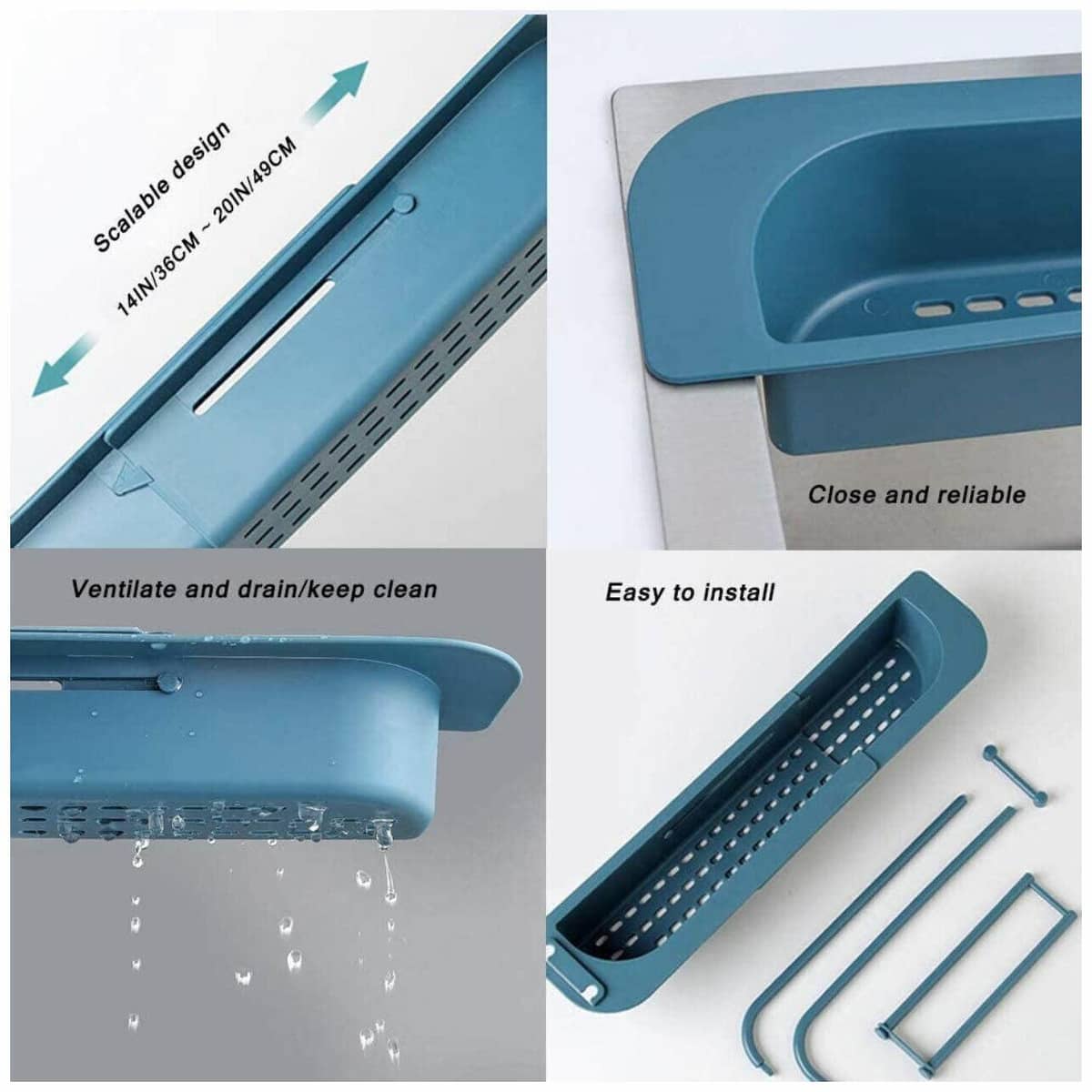 Telescopic Sink Rack with Drain Basket and Hooks - Blue - view 5