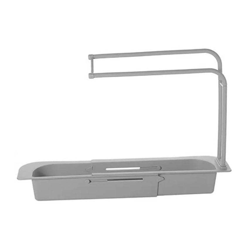 Telescopic Sink Rack with Drain Basket and Hooks - Grey