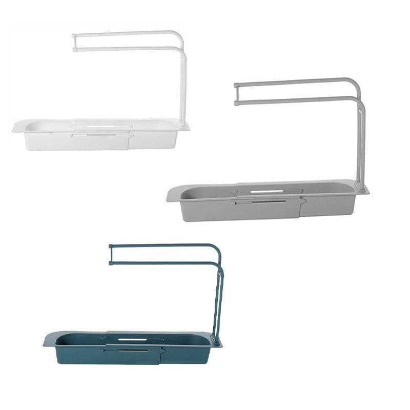 Telescopic Sink Rack with Drain Basket and Hooks - Grey - view 3