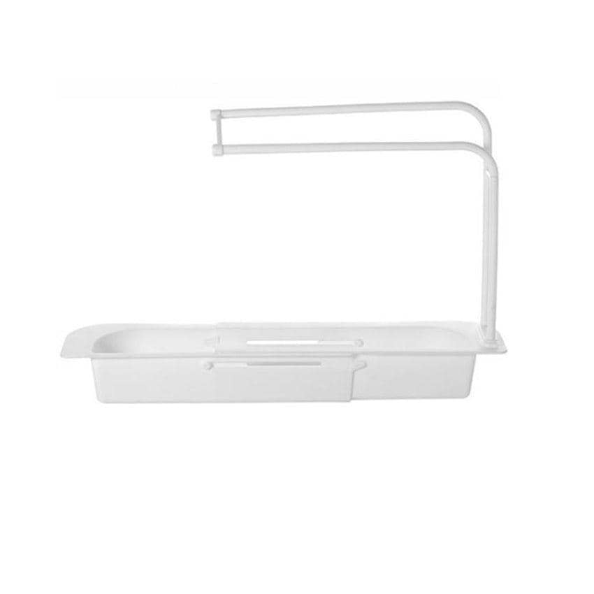 Telescopic Sink Rack with Drain Basket and Hooks - White
