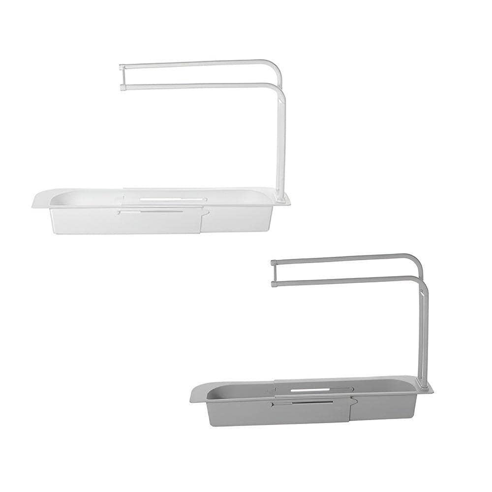 Telescopic Sink Rack with Drain Basket and Hooks - White and Grey, Pack of 2