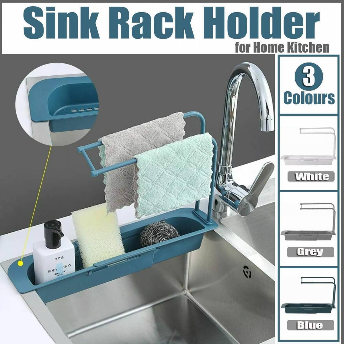 Telescopic Sink Rack with Drain Basket and Hooks - White and Grey, Pack of 2 - view 2