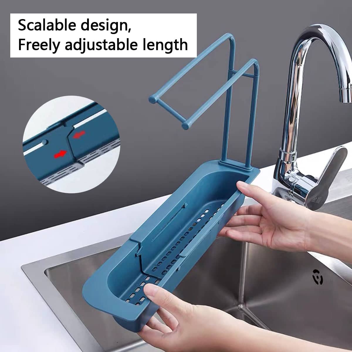 Telescopic Sink Rack with Drain Basket and Hooks - White and Grey, Pack of 2 - view 4