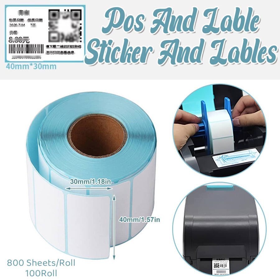Thermal Label Stickers, 40 x 30 mm, 100 Rolls of 800 Labels
