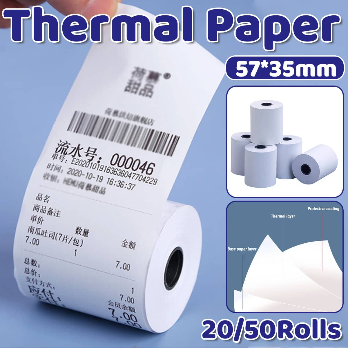 Thermal Paper Rolls Bright White Smooth Edge for POS Receipt Printers, 57 x 35 mm - 20 Rolls - view 2