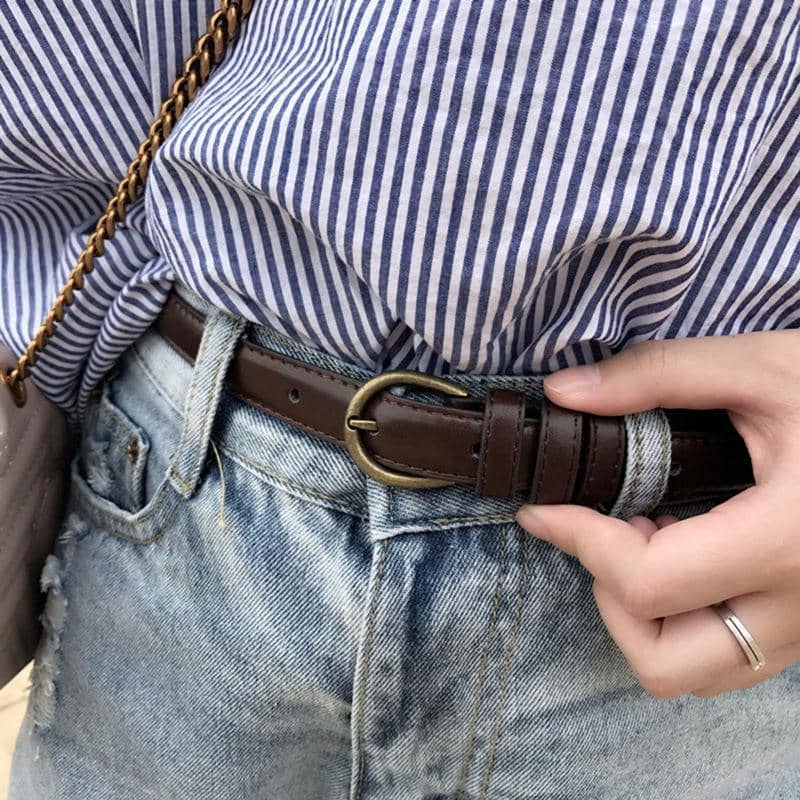 Thin Faux Leather Waist Belt for Women - Tan - view 4