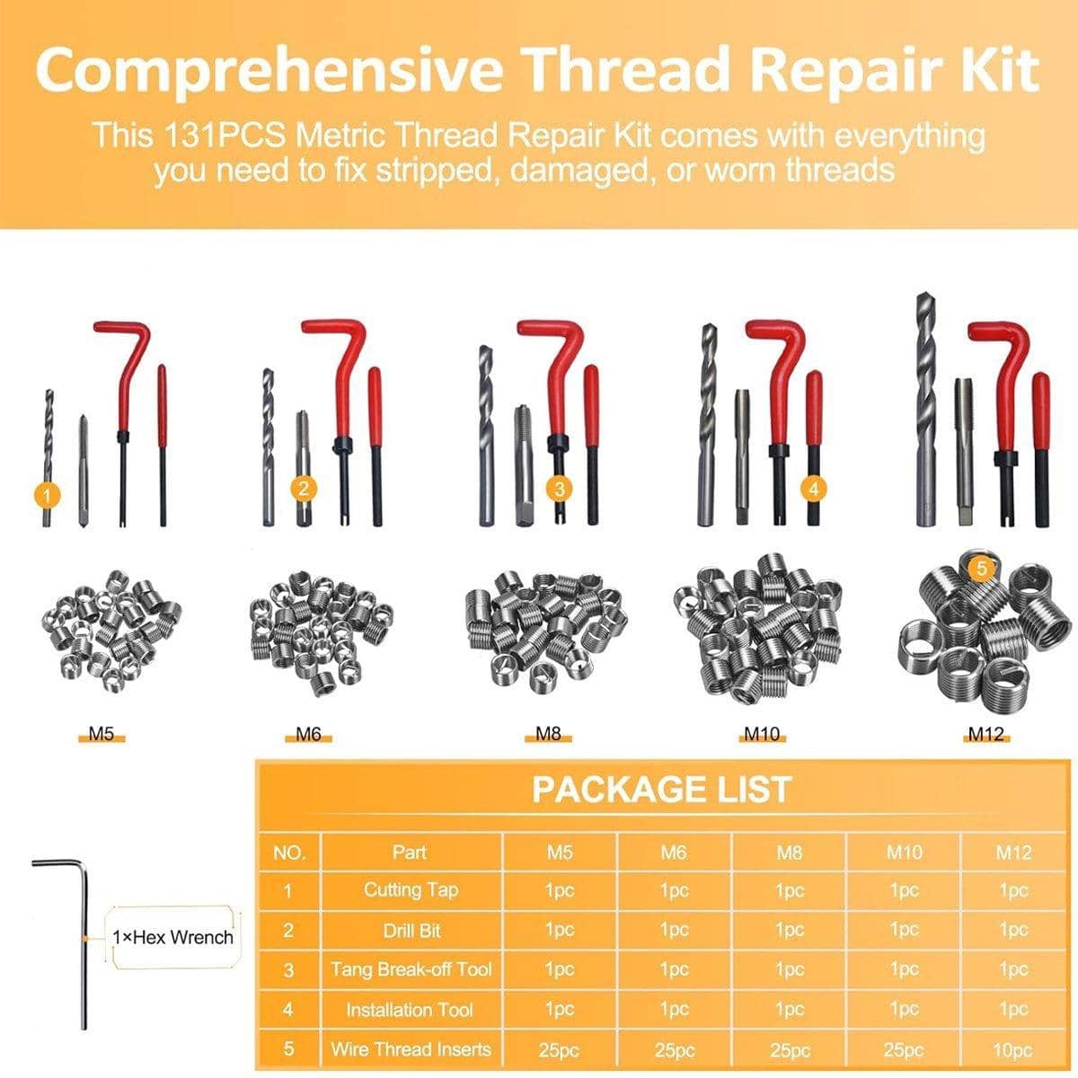 Thread Repair Kit, 131 Piece Metric M5 to M12 Coil Insert Set with Drill and Tap - view 5