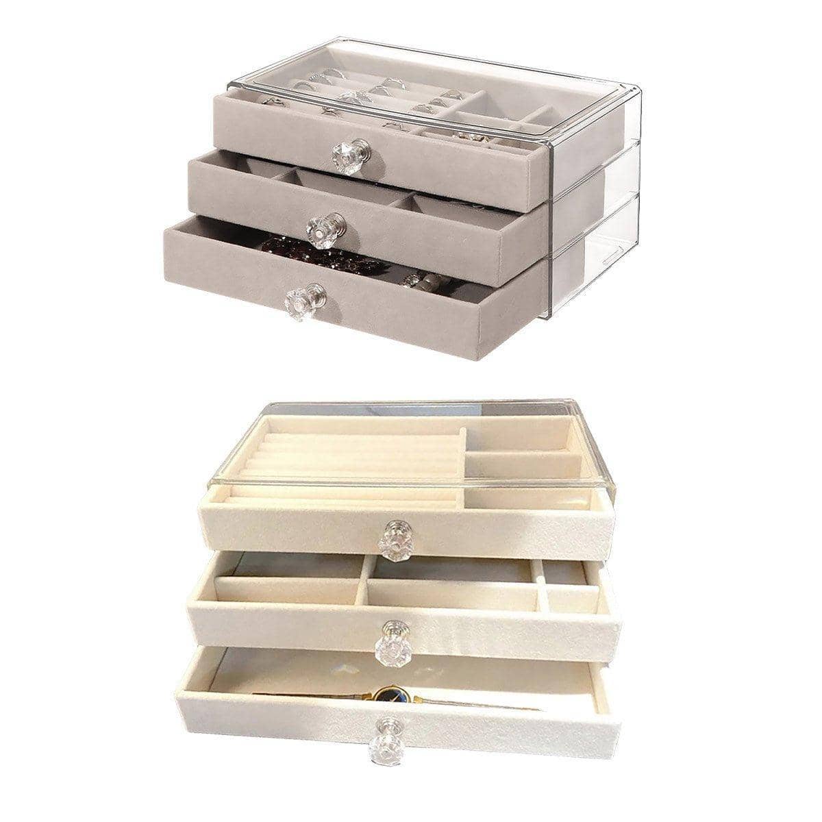Three Layer Flannel Jewellery Storage Box with Dustproof Acrylic Lid - Beige - view 3