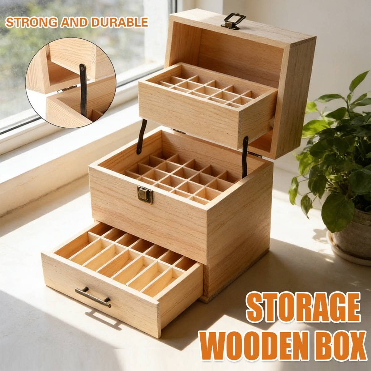 Three Tier Wooden Essential Oil Storage Box with Drawer and Lift Tray