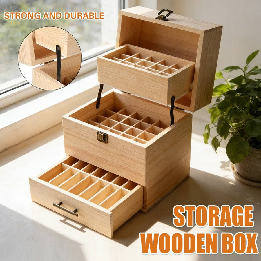 Three Tier Wooden Essential Oil Storage Box with Drawer and Lift Tray