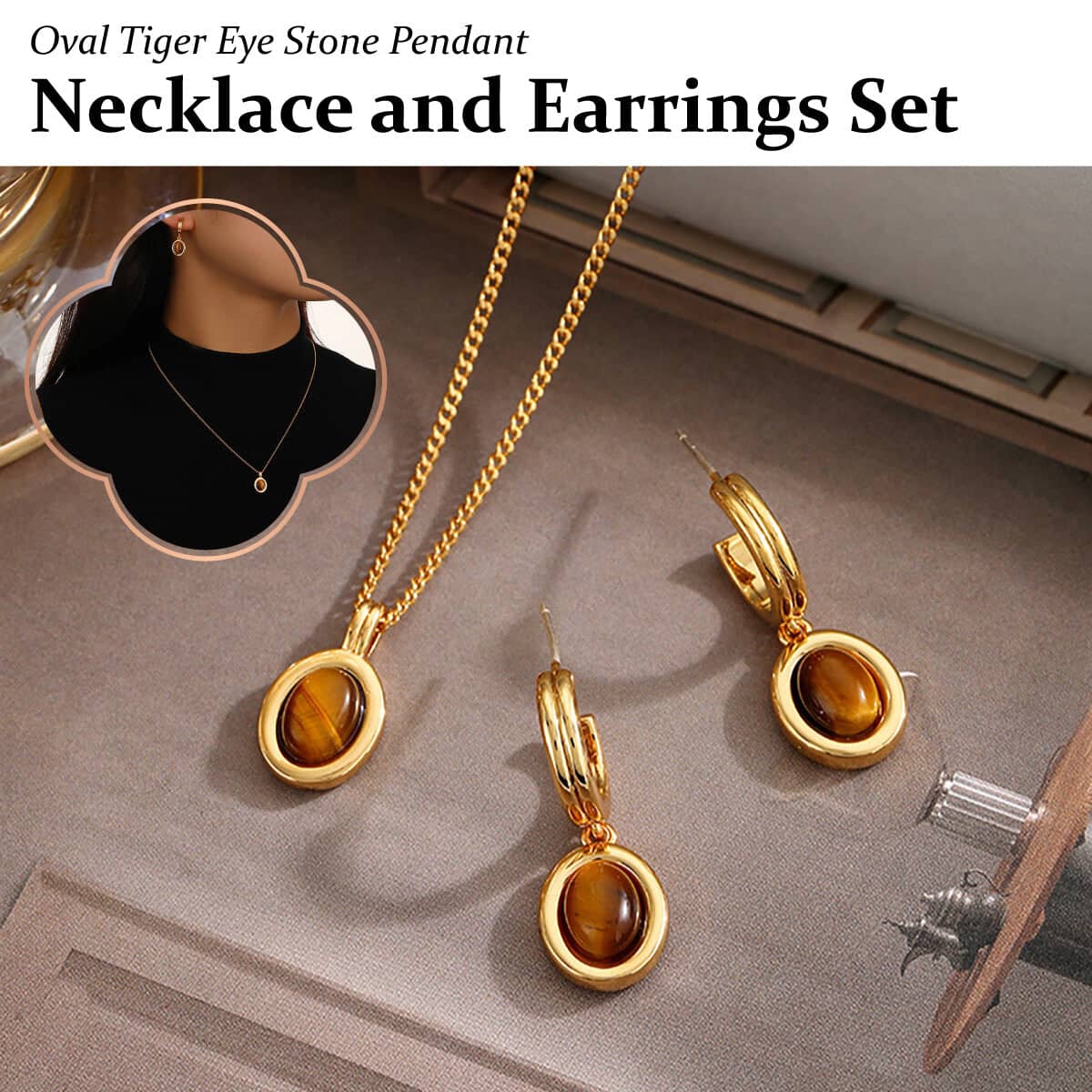 Tiger Eye Hoop Drop Earrings - Brown and Gold - view 2