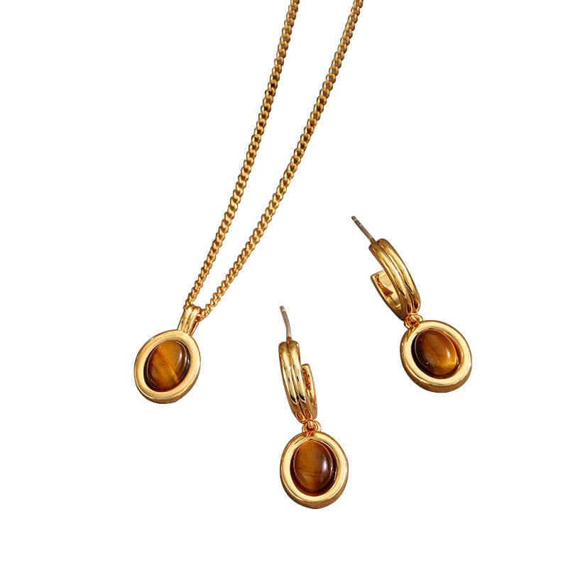 Tiger Eye Hoop Drop Earrings - Brown and Gold - view 3