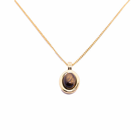 Tiger Eye Oval Pendant Necklace - Brown and Gold
