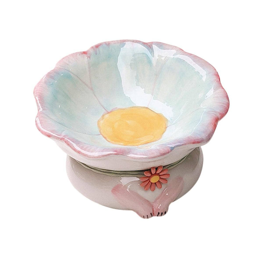 Tilted Flower Shaped Ceramic Cat Bowl with 15 Degree Tilt for Food and Water - Blue