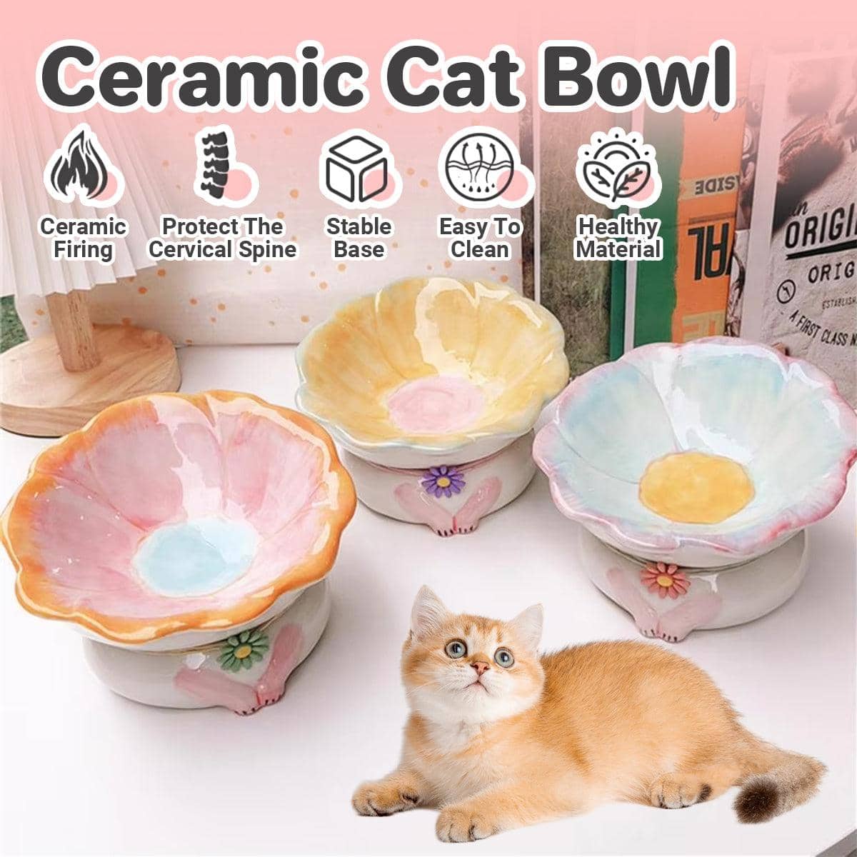 Tilted Flower Shaped Ceramic Cat Bowl with 15 Degree Tilt for Food and Water - Blue - view 2