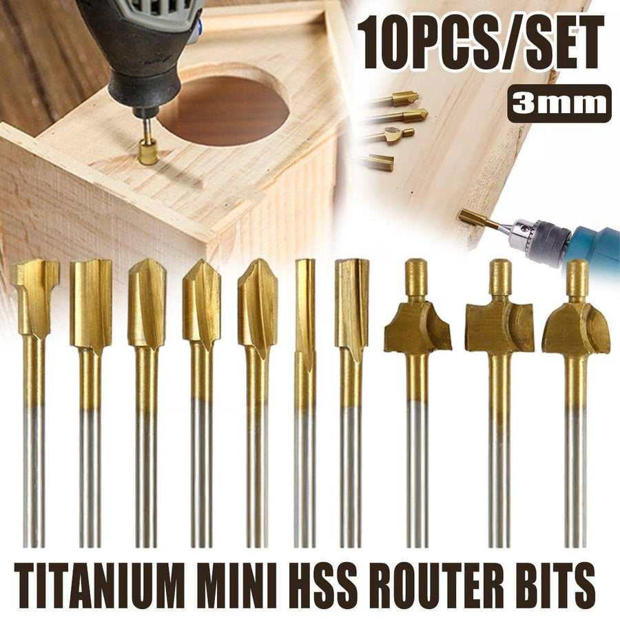 Titanium Mini HSS Router Bits Set of 10 with 3 mm Shank for Rotary Tools