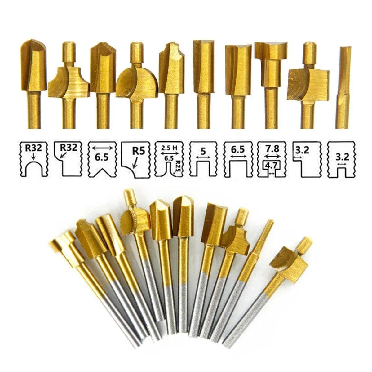 Titanium Mini HSS Router Bits Set of 10 with 3 mm Shank for Rotary Tools - view 3