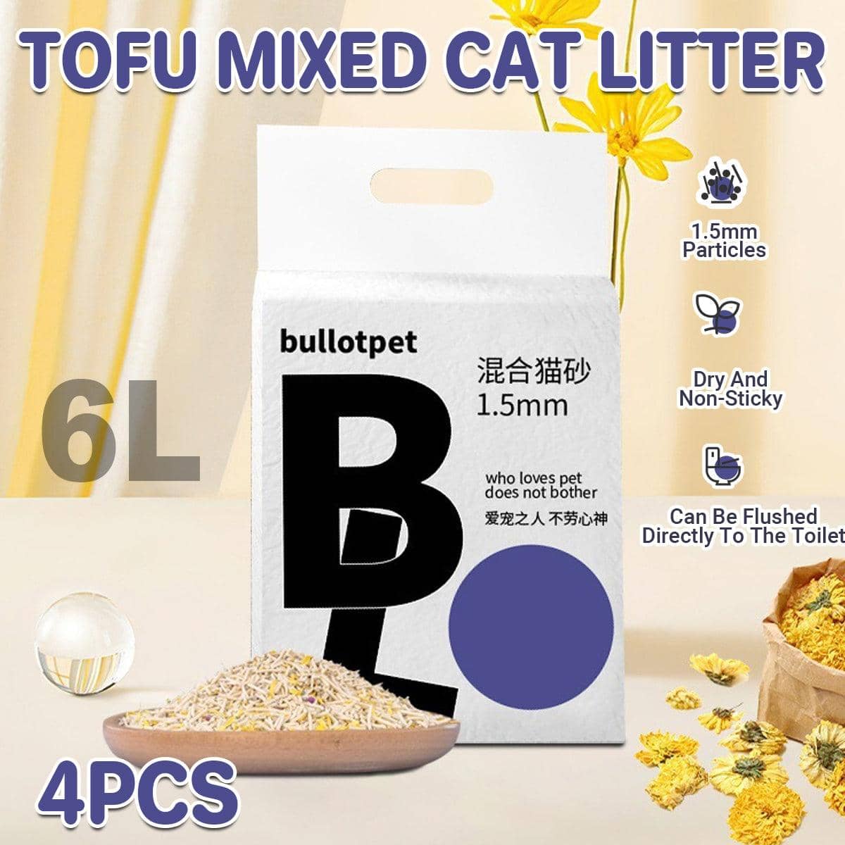 Tofu Cat Litter, Clumping, Deodorising and Flushable - Pack of 4