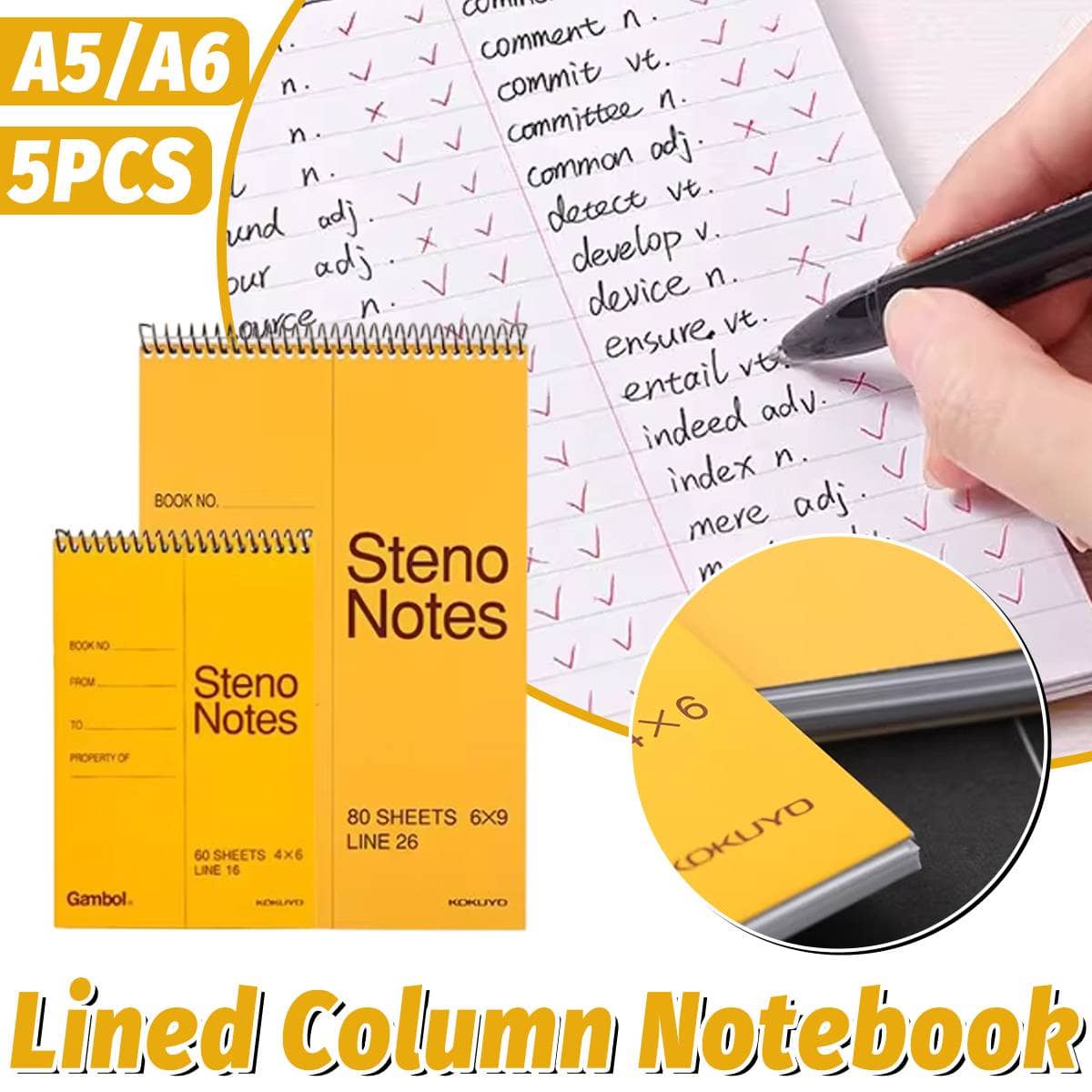Top Spiral Steno Pads, Pack of 5 - Golden Yellow, A5 (228 x 152 mm) - view 2