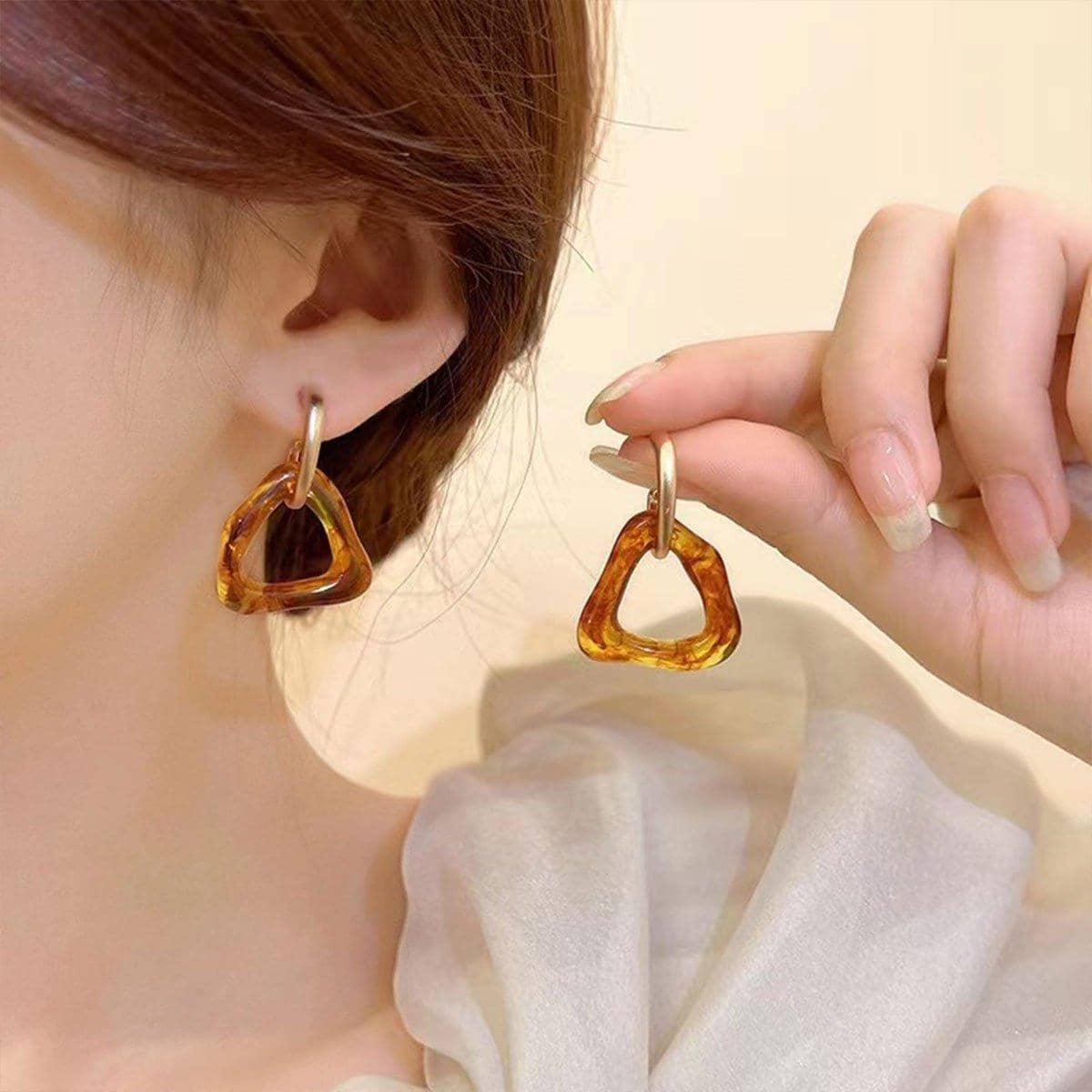 Tortoiseshell Acrylic Earrings for Women, Irregular Caramel Design - view 4