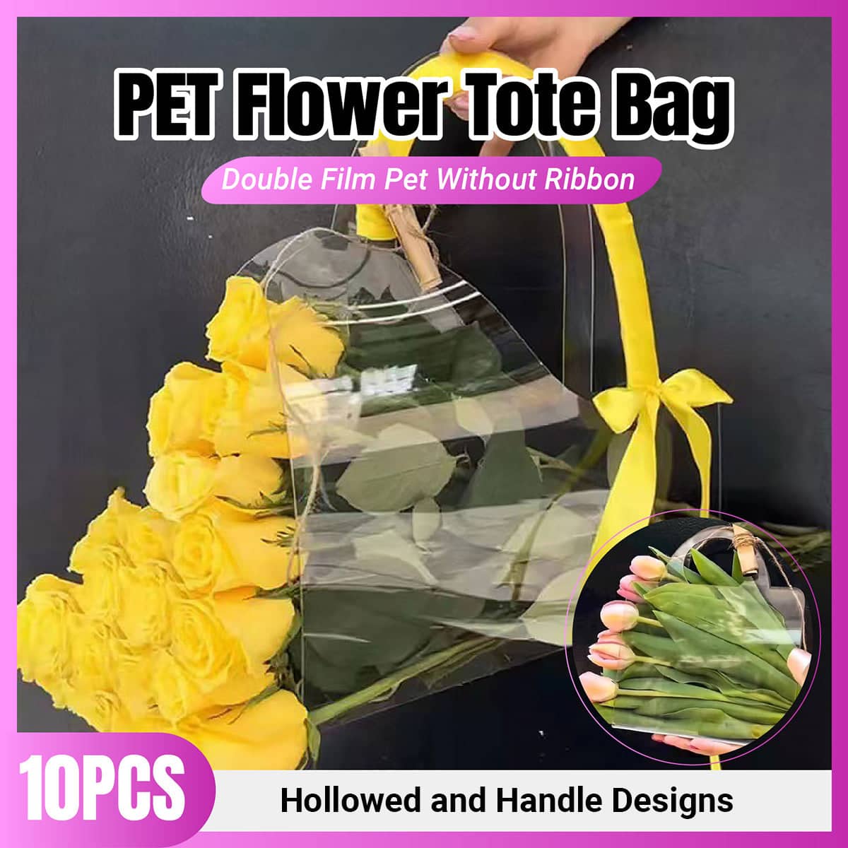 Transparent Flower Handbag Clear PET Bouquet Holder Gift Bag for Events, Pack of 10 - Heart Shape - view 2