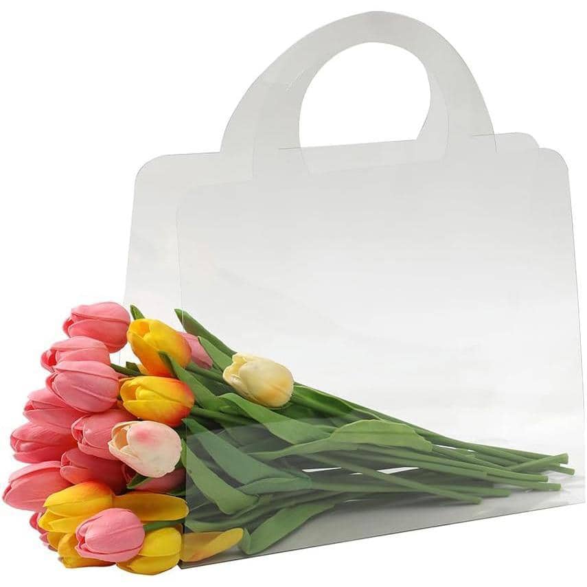 Transparent Flower Handbag Clear PET Bouquet Holder Gift Bag for Events, Pack of 10 - Square Tote