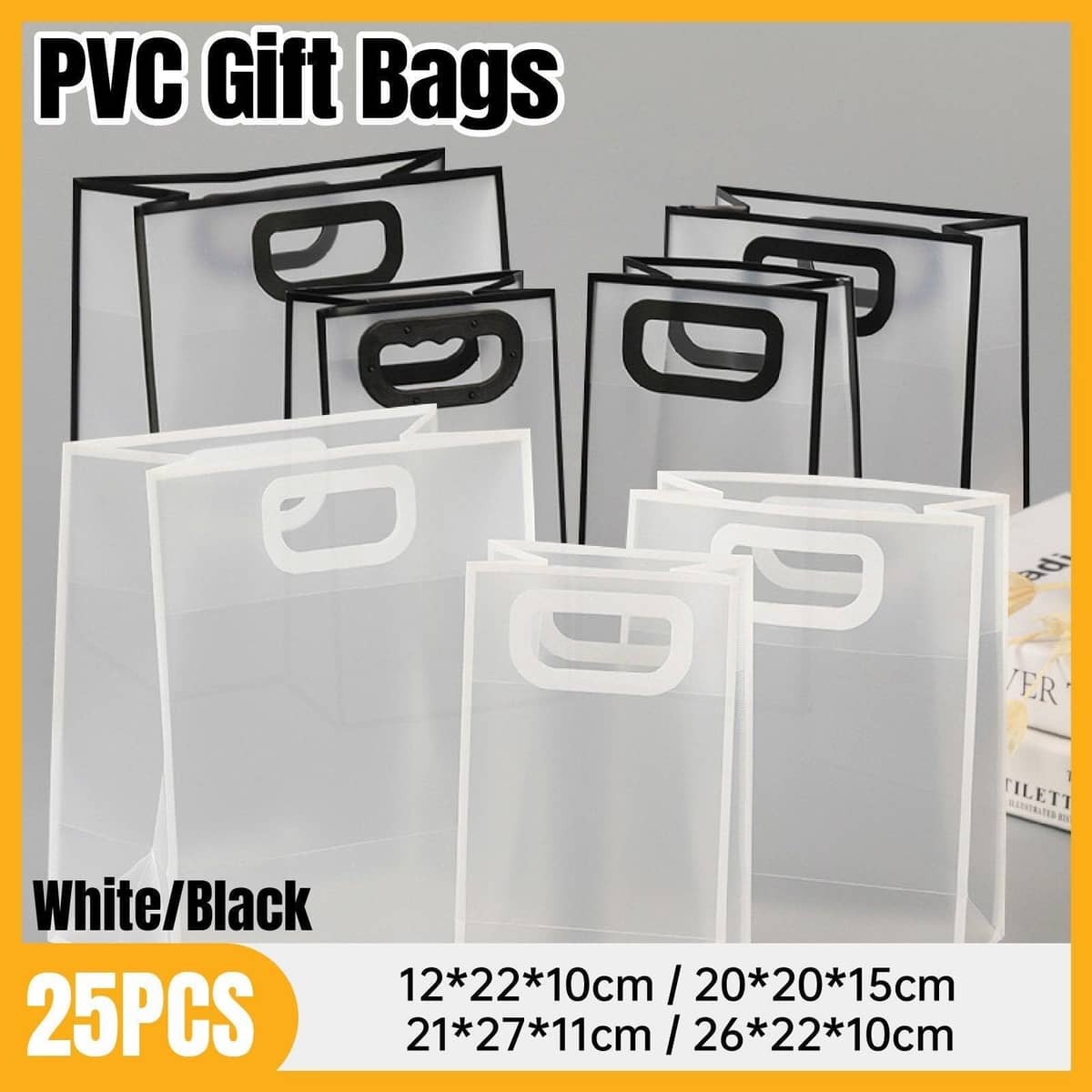 Transparent Frosted PVC Gift Tote Bags - Black, 12 x 22 x 10 cm, Pack of 25 - view 2