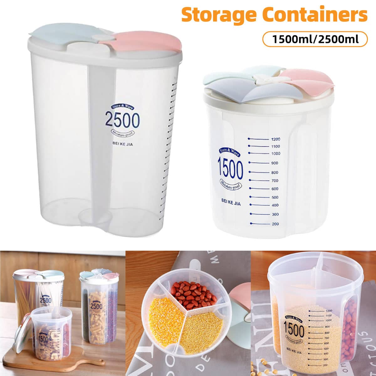 Transparent Kitchen Storage Container with Lid - 1500 ml, 3 Compartments - view 2