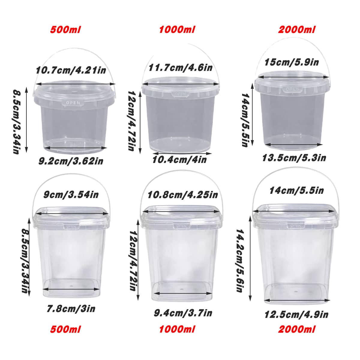 Transparent Plastic Bucket with Lid and Handle, Pack of 20 - Square 1000ml - view 4