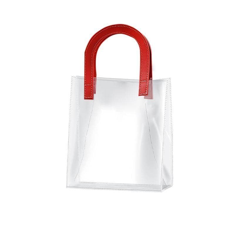 Transparent PVC Handheld Gift Bag with Red Handle Candy Container - Pack of 10 Small 17.5 x 9.5 x 20 cm