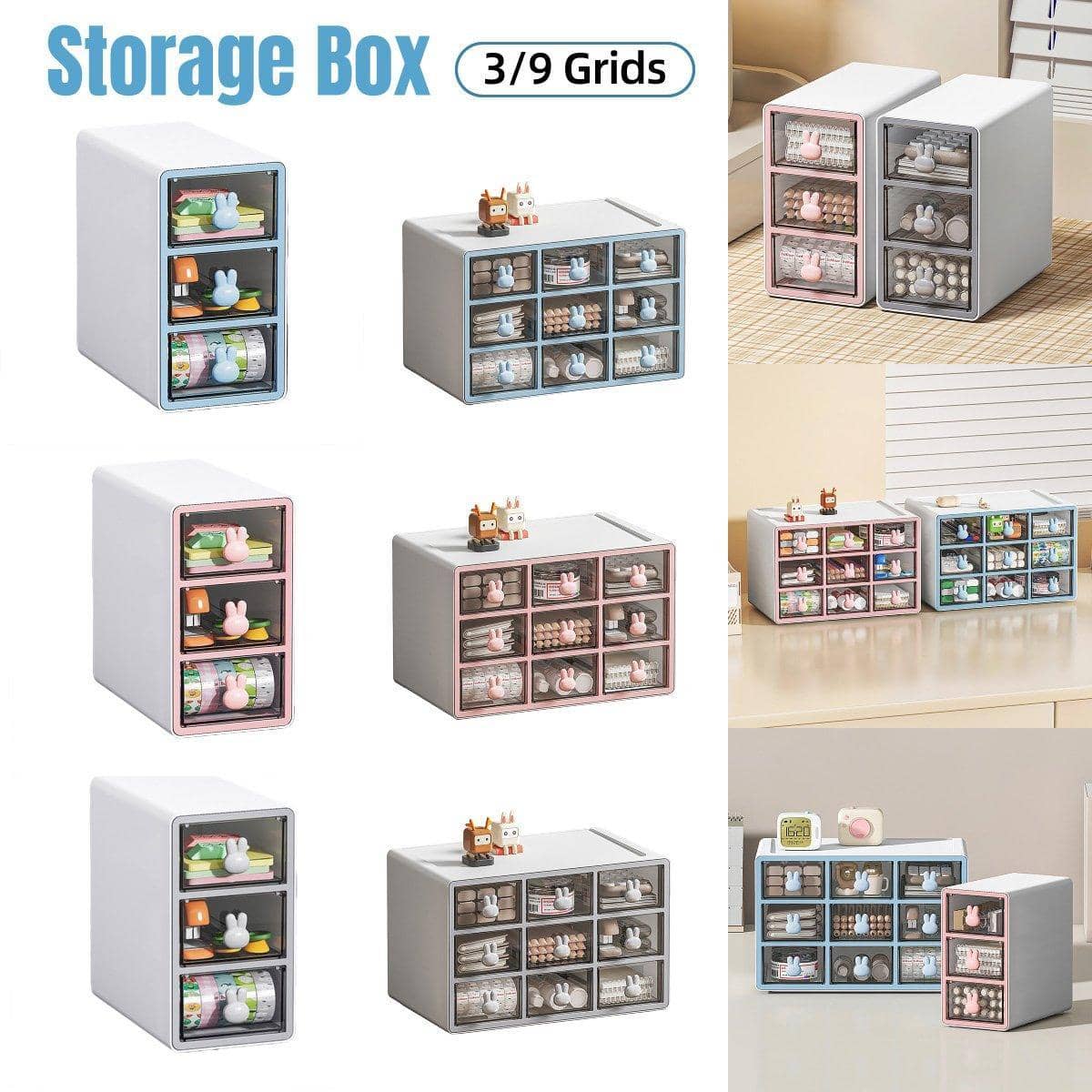 Transparent Rabbit Desktop Storage Organiser, 3 Grid - Blue - view 2
