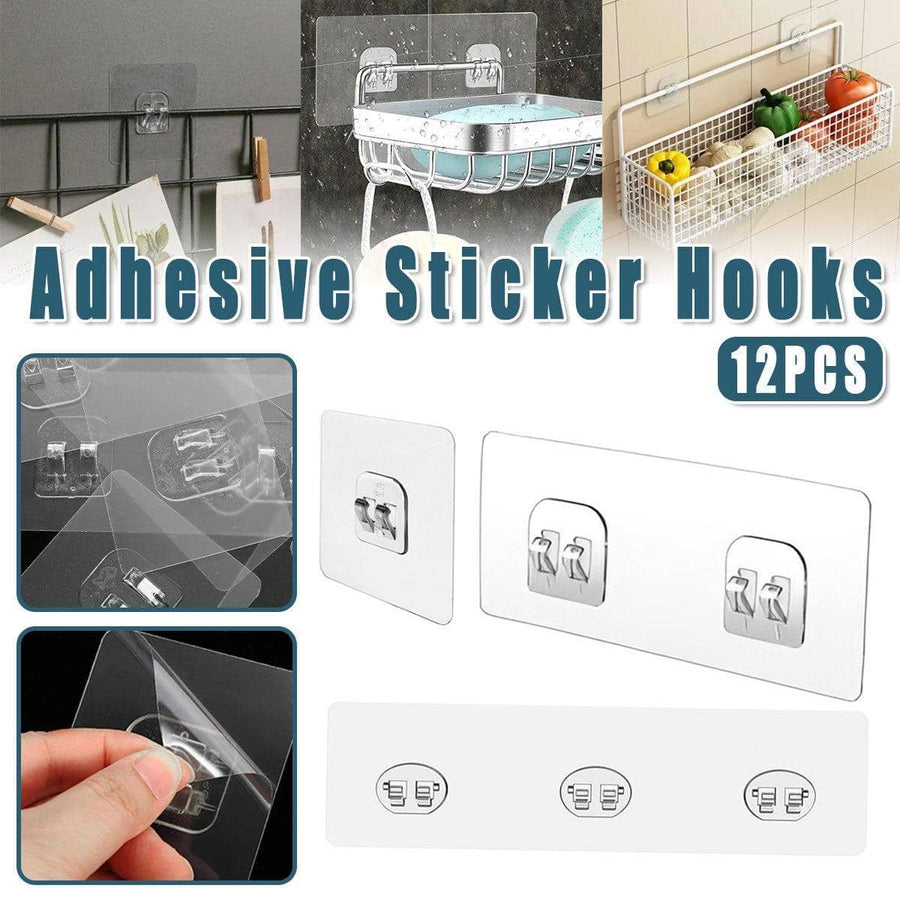 Transparent Seamless No-Drill Bathroom Wall Hooks, Pack of 12